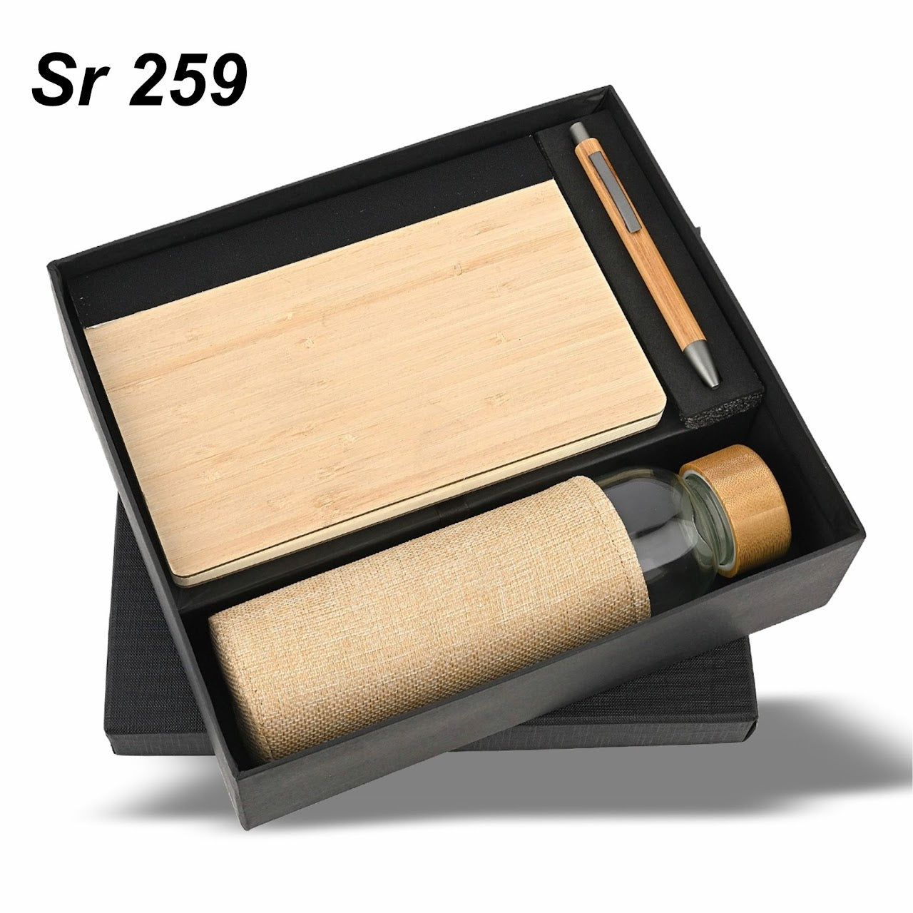 Sr 259: Wooden Diary, Pen & Glass Bottle with Jute Cover